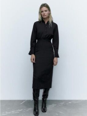 Zara Fitted Black Long-Sleeve Shirt Dress XLarge XL
